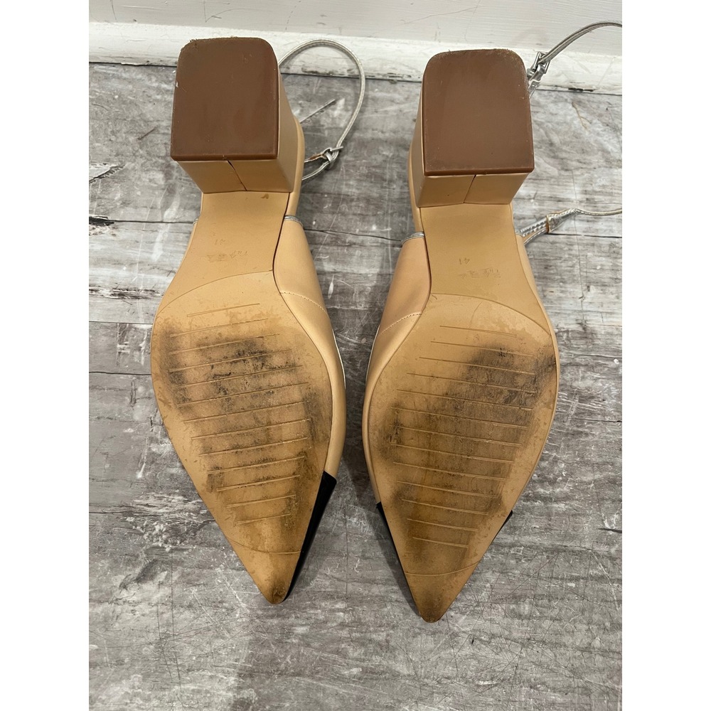 Zara Contrast Cap Toe Block Heels Womens Tan Black Silver Slingback Heels 41 US - Picture 4 of 13